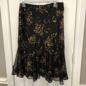 Lauren Ralph Lauren Black & Gold Floral Chiffon Circle Midi Skirt Office Size M